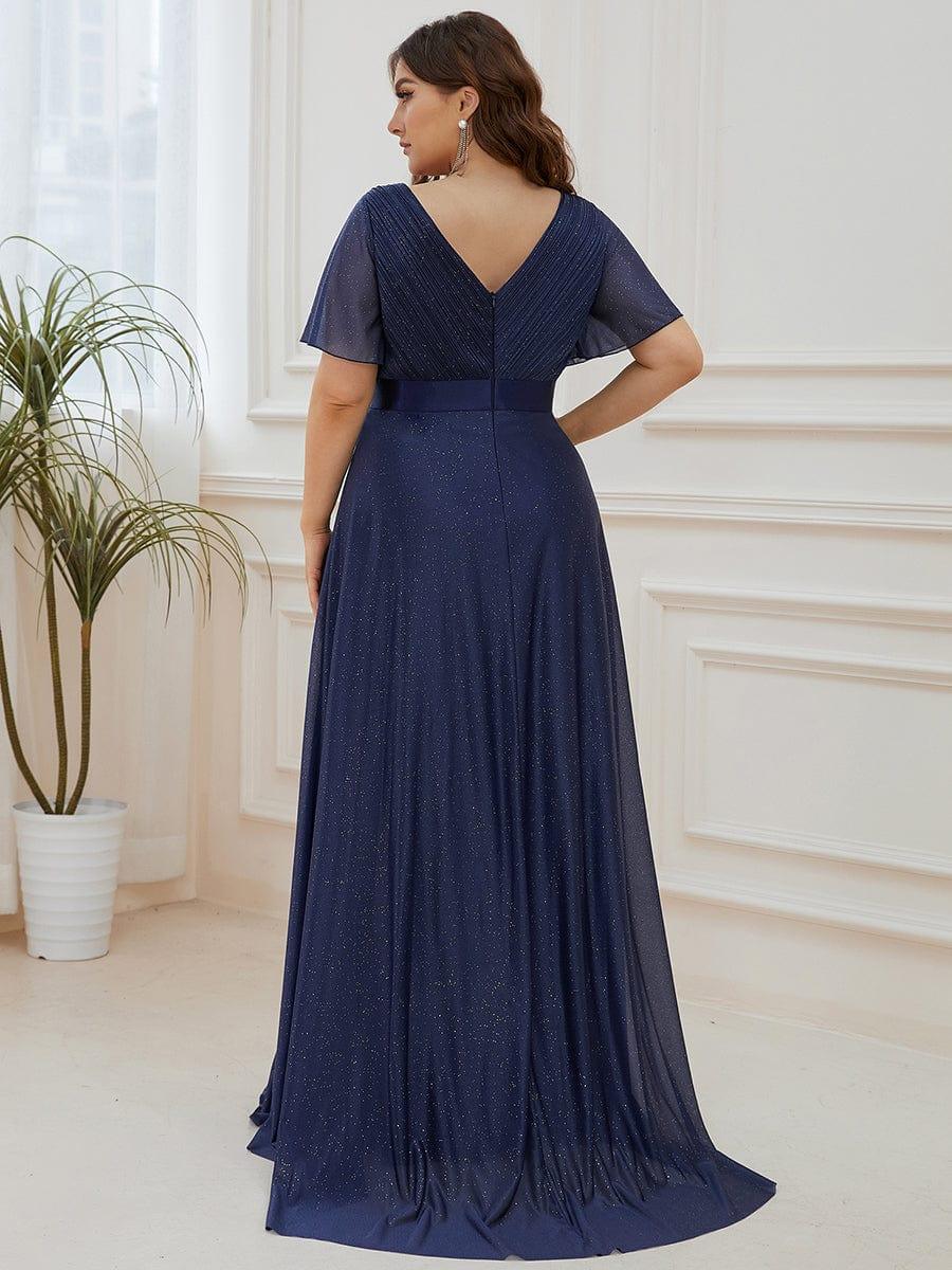 A-Line Plus Size Empire-Waist V-Neck Formal Evening Dress With Short Sleeves