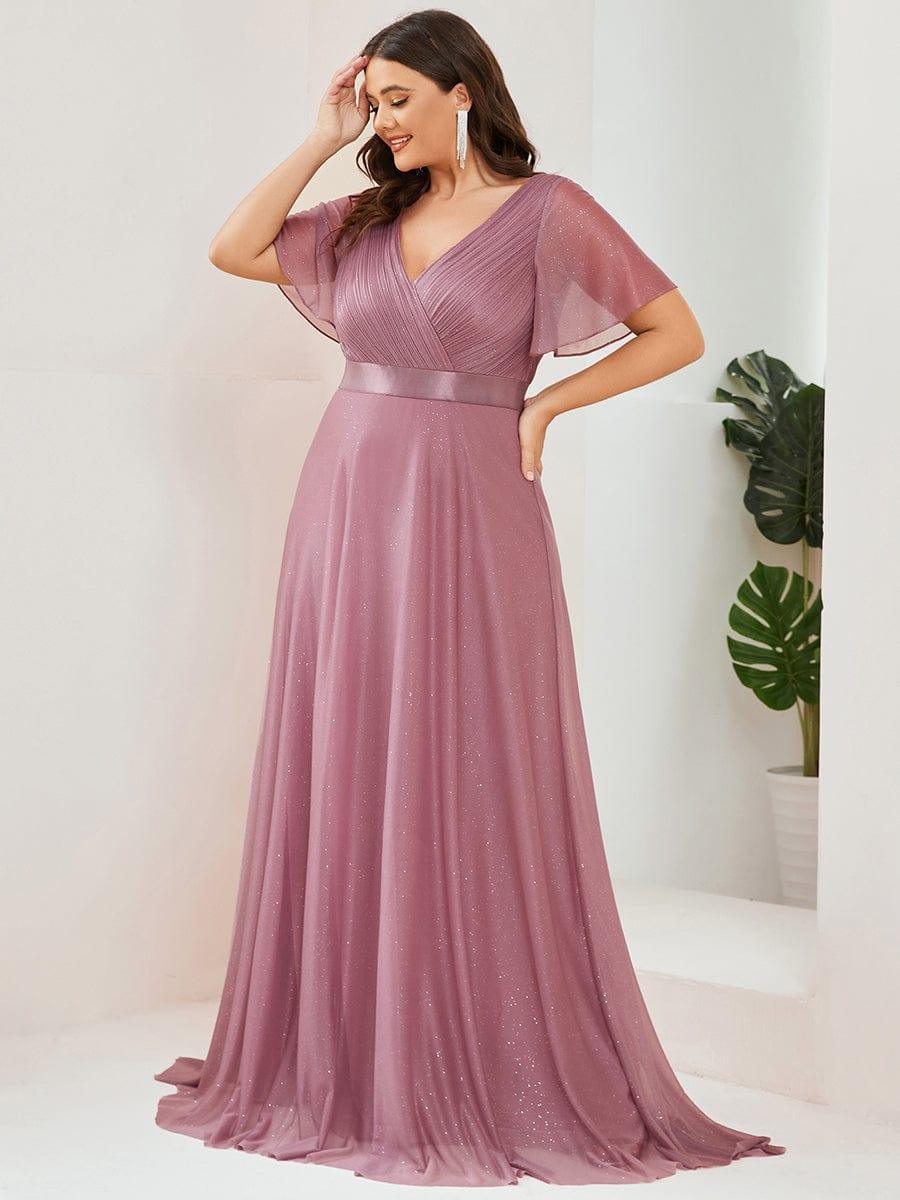 A-Line Plus Size Empire-Waist V-Neck Formal Evening Dress With Short Sleeves