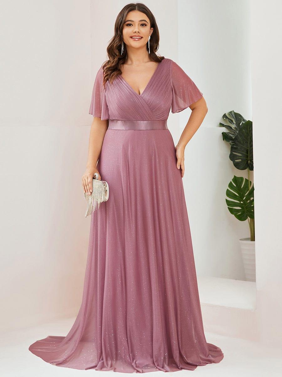 A-Line Plus Size Empire-Waist V-Neck Formal Evening Dress With Short Sleeves