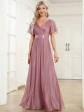 Glitter Short Sleeve A-Line V-Neck Empire-Waist Pleated Bridesmaid Dress
