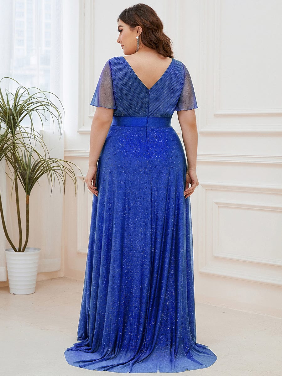 A-Line Plus Size Empire-Waist V-Neck Formal Evening Dress With Short Sleeves