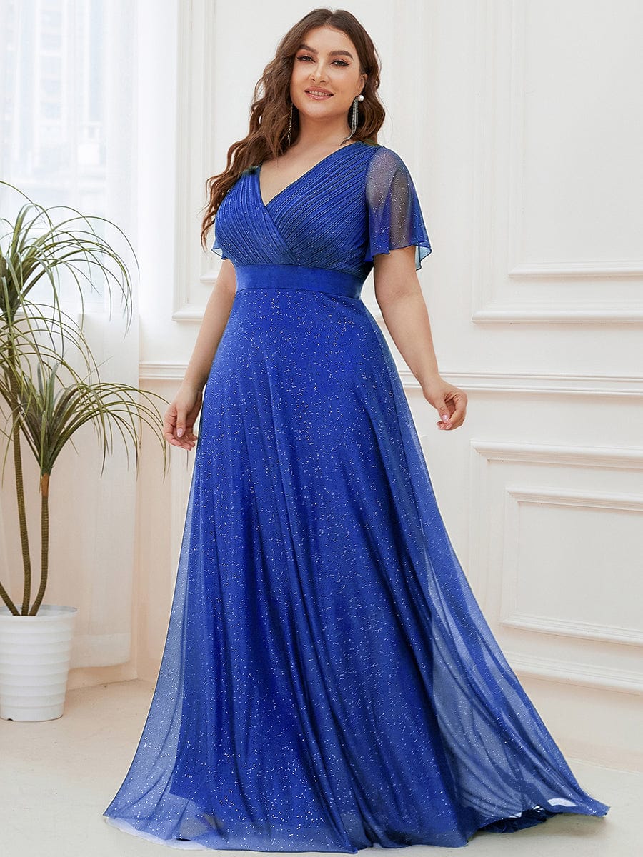 A-Line Plus Size Empire-Waist V-Neck Formal Evening Dress With Short Sleeves