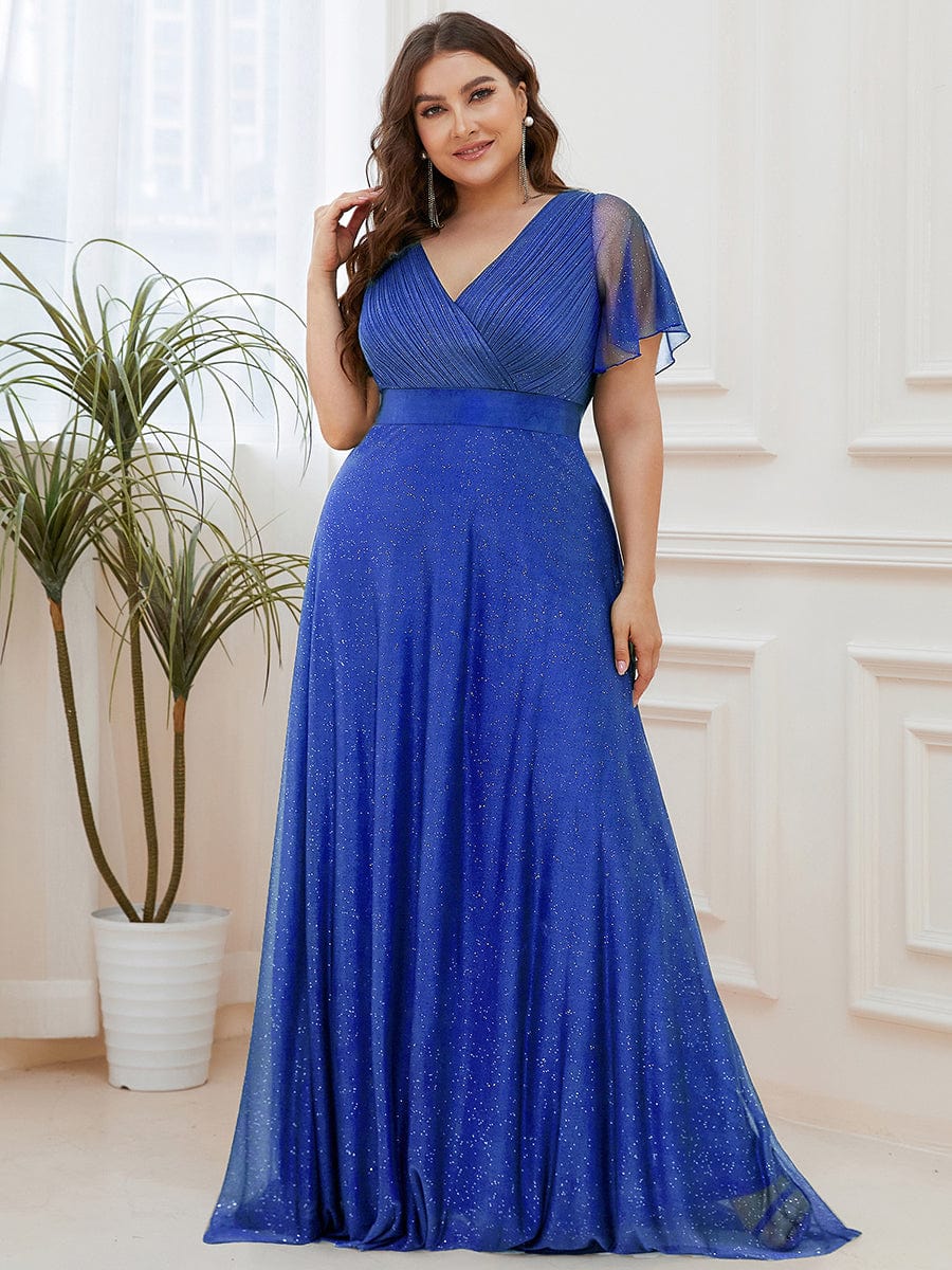 A-Line Plus Size Empire-Waist V-Neck Formal Evening Dress With Short Sleeves
