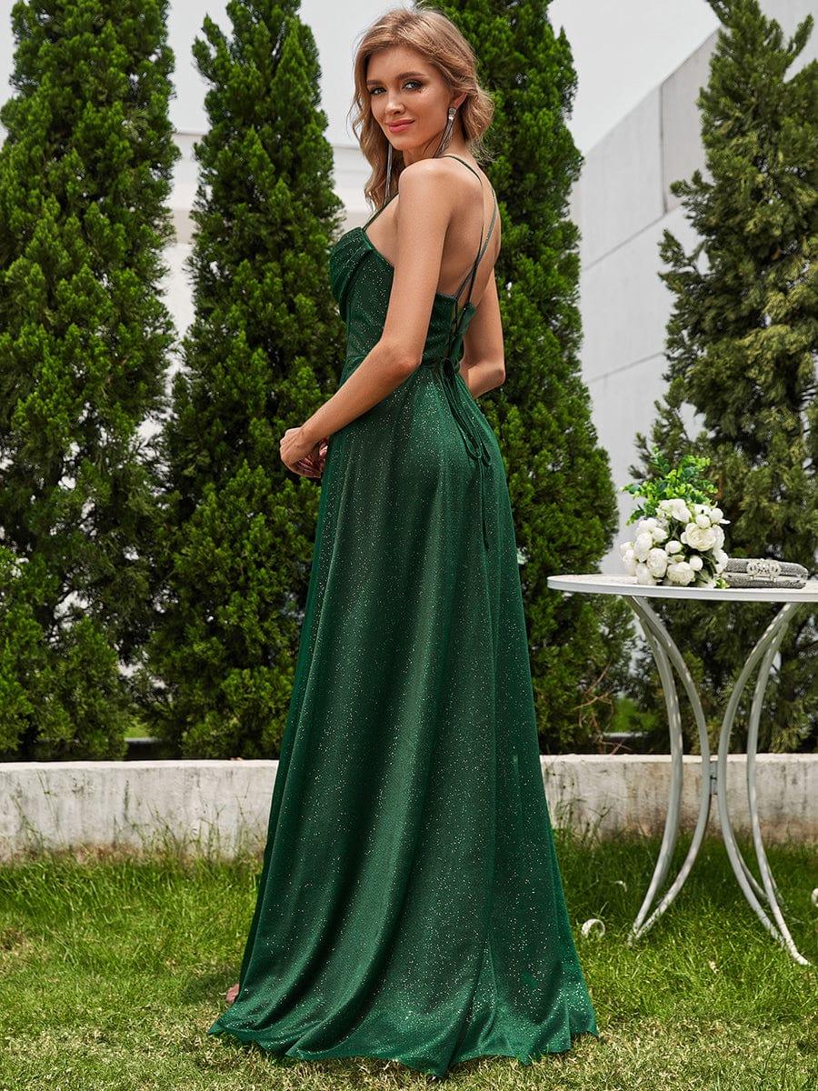 Spaghetti Straps Glitter A-Line High Slit Sleeveless Cowl Neck Evening Dress