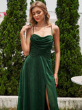 Spaghetti Straps Glitter A-Line High Slit Sleeveless Cowl Neck Evening Dress