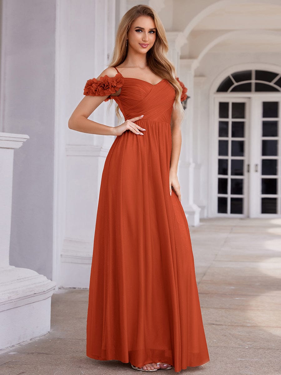Sparkling A-Line V-Neck Floral Cold-Shoulder Pleated Evening Dress