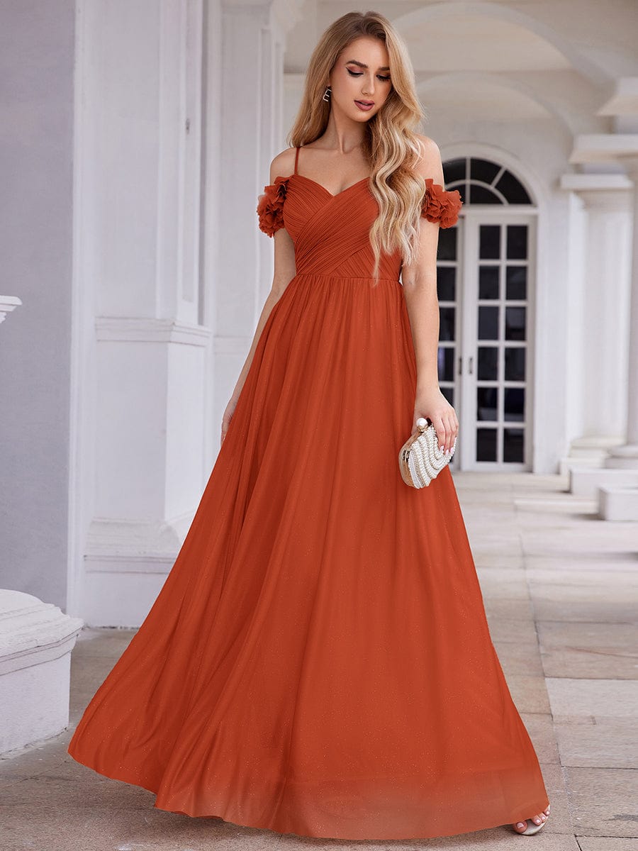 Sparkling A-Line V-Neck Floral Cold-Shoulder Pleated Evening Dress