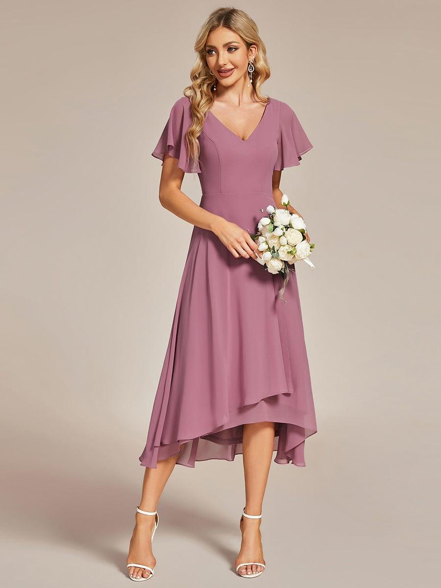 A-Line V-Neck Chiffon Ruffles Short Sleeves Bridesmaid Dress