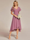 A-Line V-Neck Chiffon Ruffles Short Sleeves Bridesmaid Dress