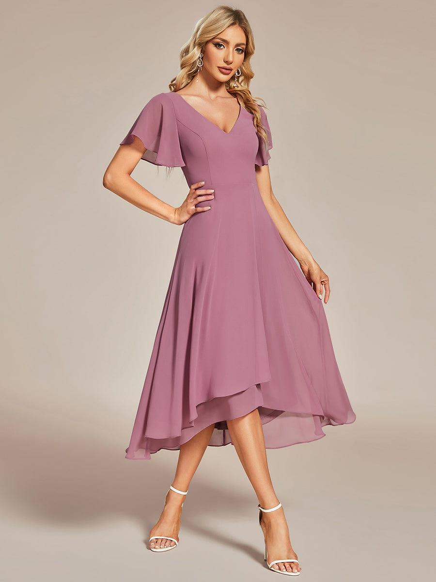 A-Line V-Neck Chiffon Ruffles Short Sleeves Bridesmaid Dress