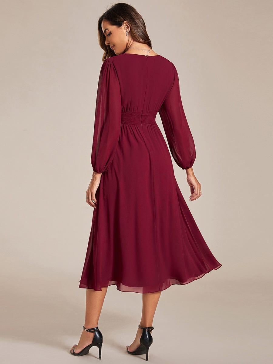 A-Line Plus Size Long Sleeves V-Neck Pleated Chiffon Wedding Guest Dress