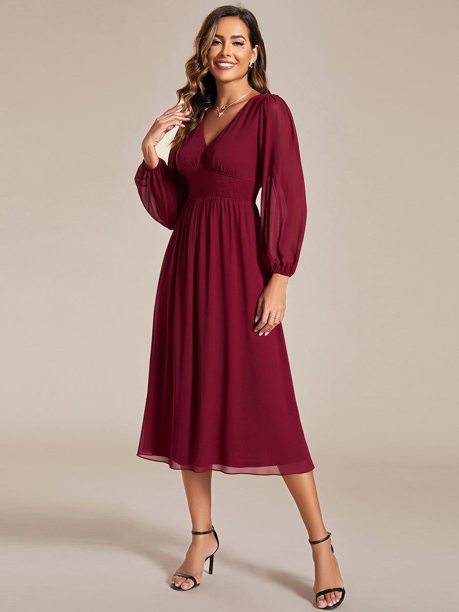 A-Line Plus Size Long Sleeves V-Neck Pleated Chiffon Wedding Guest Dress