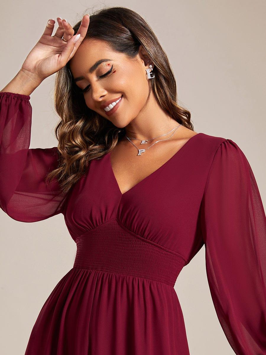 A-Line Plus Size Long Sleeves V-Neck Pleated Chiffon Wedding Guest Dress