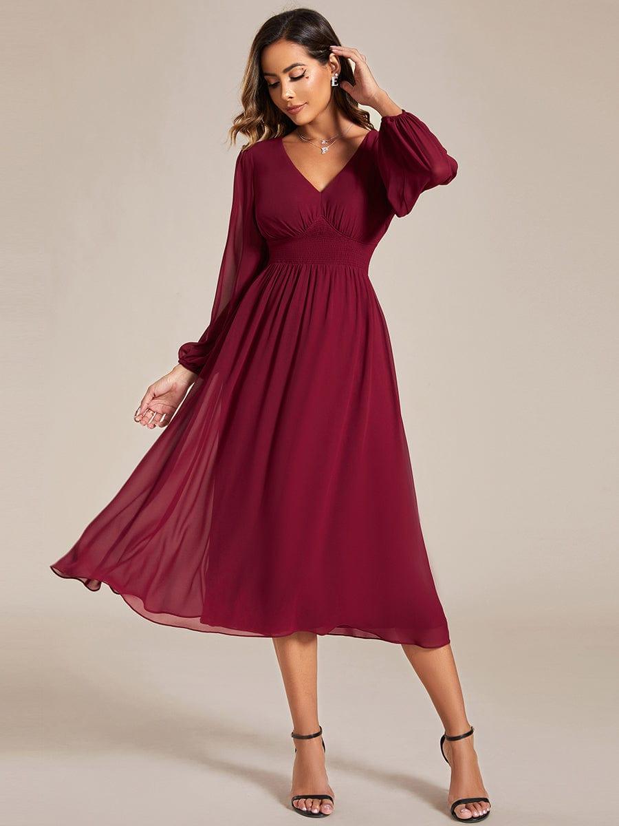 A-Line Plus Size Long Sleeves V-Neck Pleated Chiffon Wedding Guest Dress