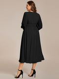 A-Line Plus Size Long Sleeves V-Neck Pleated Chiffon Wedding Guest Dress