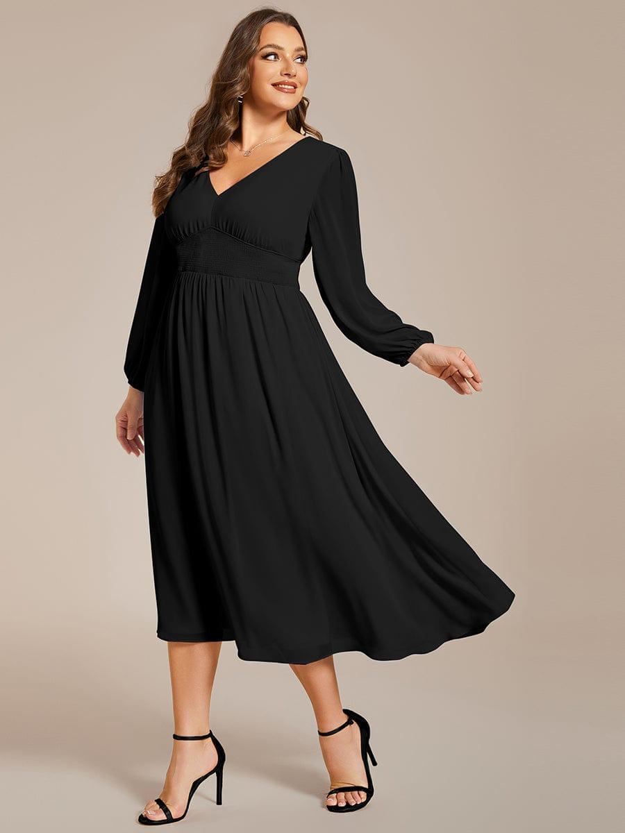A-Line Plus Size Long Sleeves V-Neck Pleated Chiffon Wedding Guest Dress
