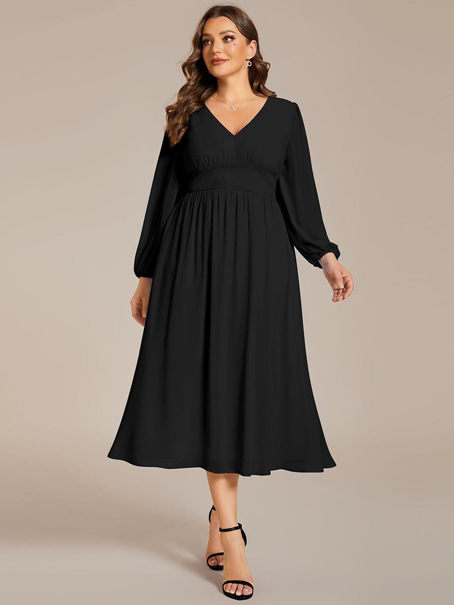 A-Line Plus Size Long Sleeves V-Neck Pleated Chiffon Wedding Guest Dress