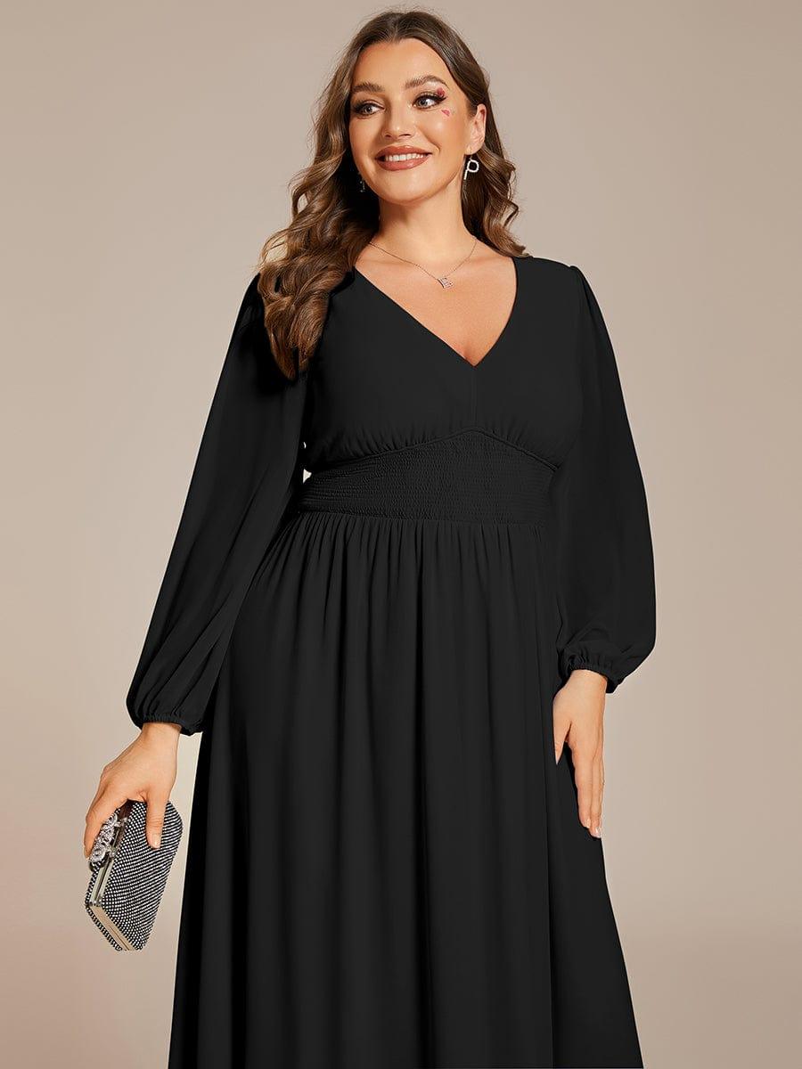 A-Line Plus Size Long Sleeves V-Neck Pleated Chiffon Wedding Guest Dress