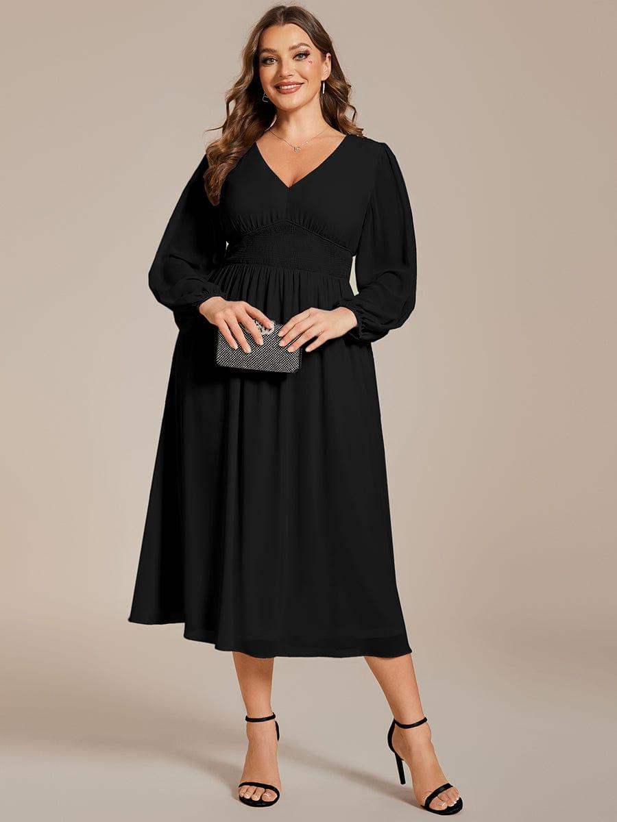 A-Line Plus Size Long Sleeves V-Neck Pleated Chiffon Wedding Guest Dress