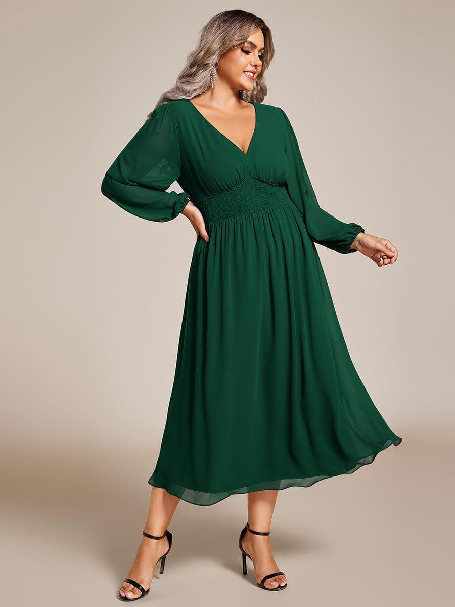 A-Line Plus Size Long Sleeves V-Neck Pleated Chiffon Wedding Guest Dress