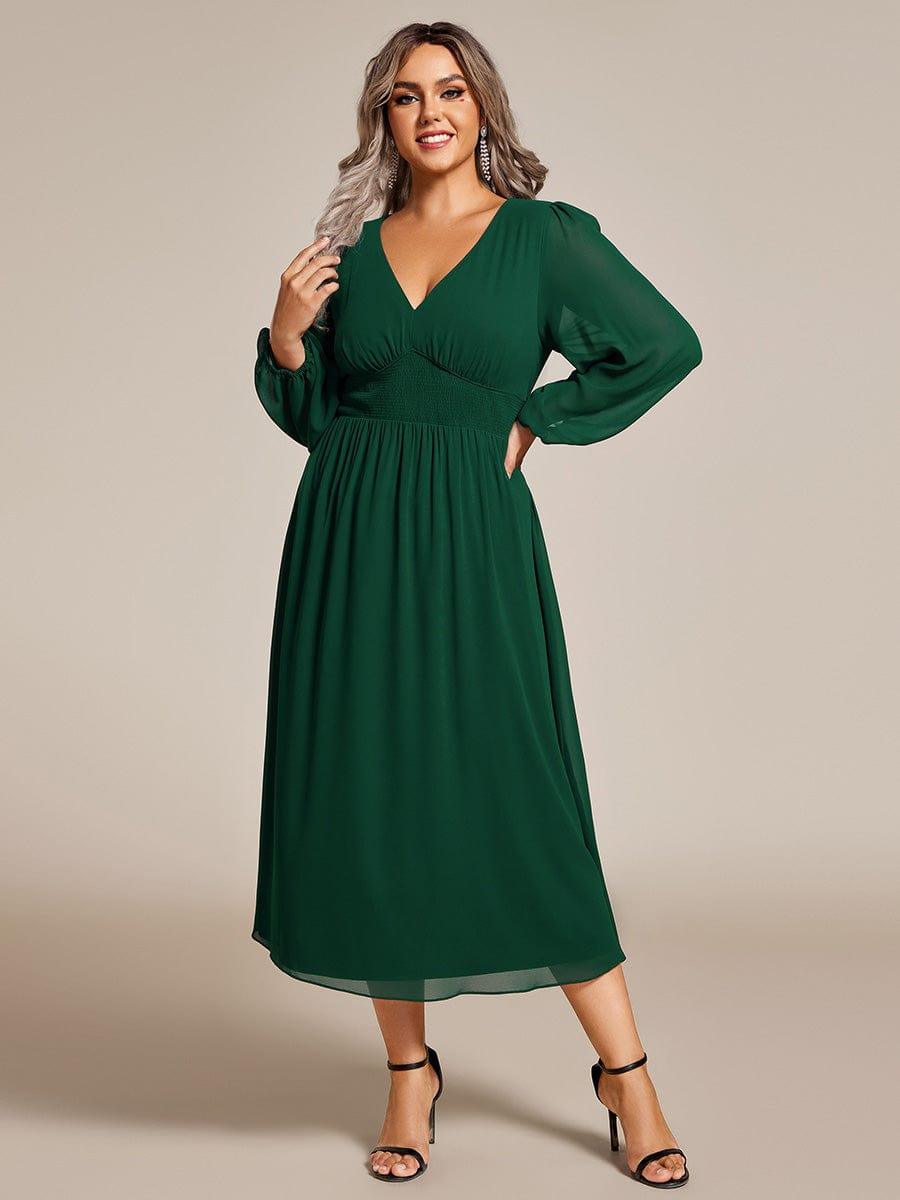 A-Line Plus Size Long Sleeves V-Neck Pleated Chiffon Wedding Guest Dress