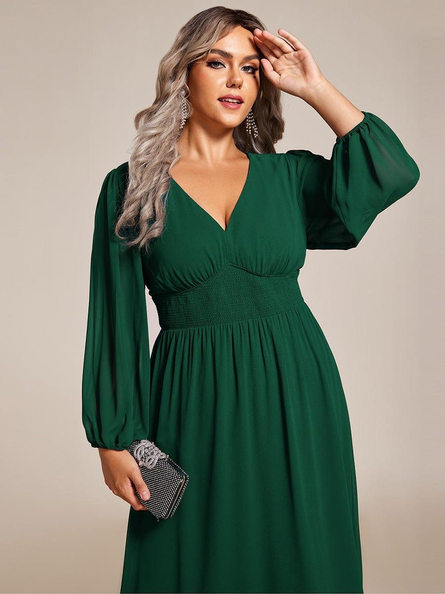 A-Line Plus Size Long Sleeves V-Neck Pleated Chiffon Wedding Guest Dress