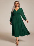 A-Line Plus Size Long Sleeves V-Neck Pleated Chiffon Wedding Guest Dress