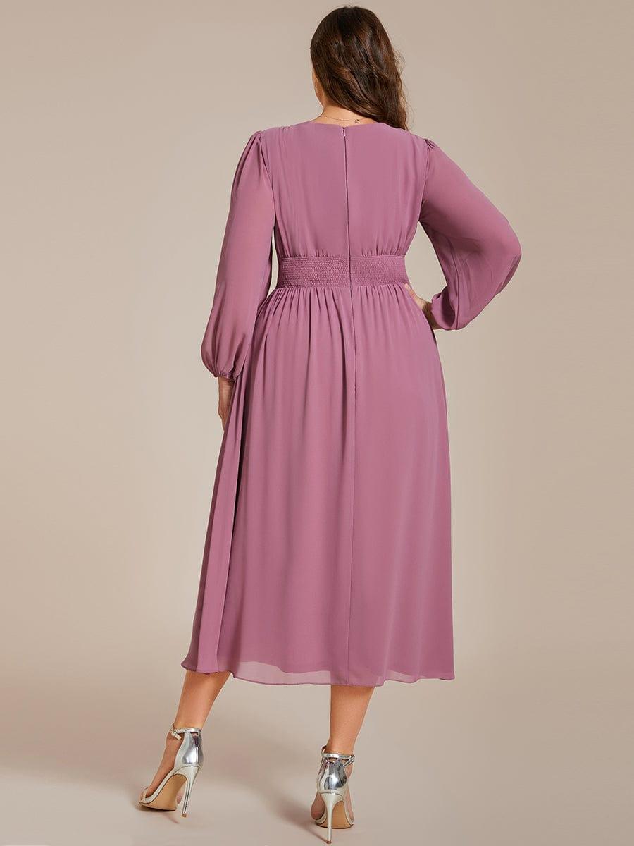 A-Line Plus Size Long Sleeves V-Neck Pleated Chiffon Wedding Guest Dress