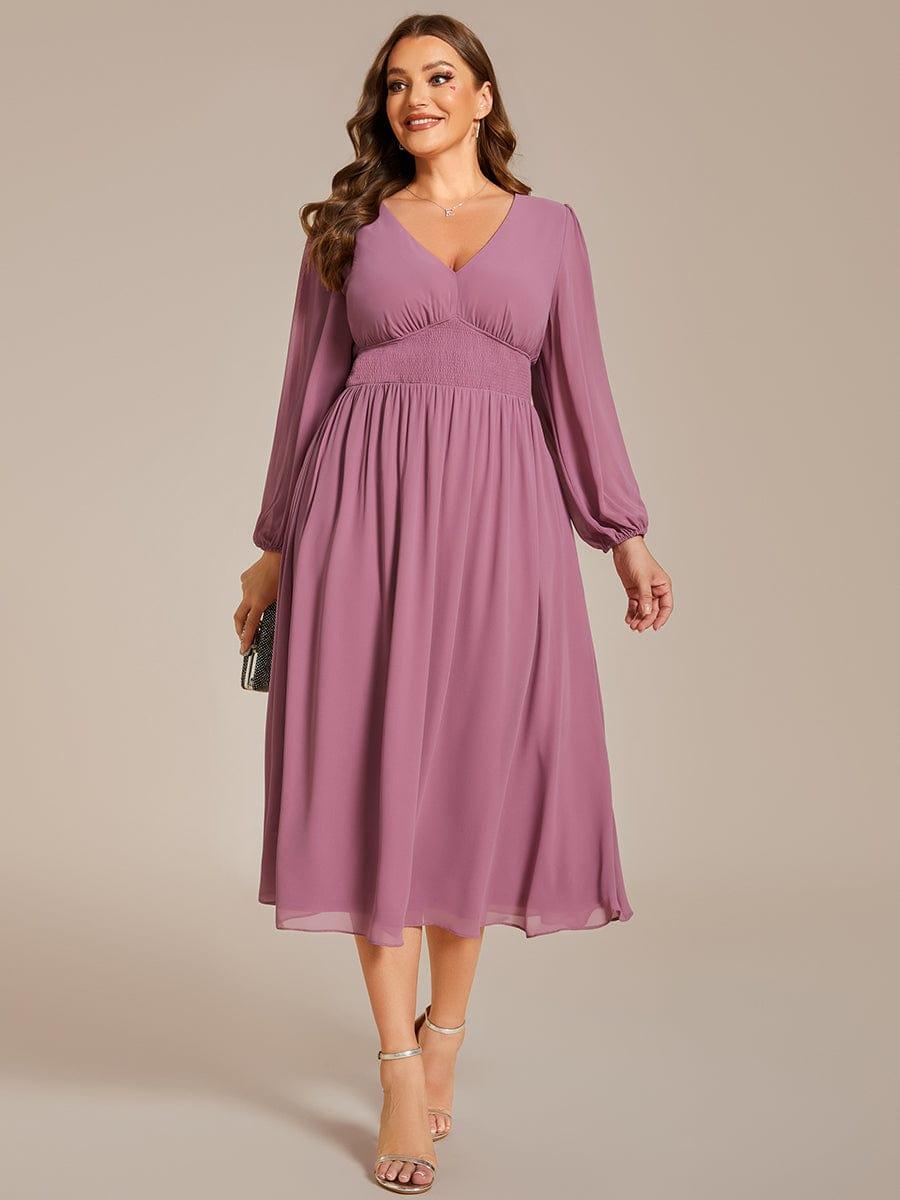 A-Line Plus Size Long Sleeves V-Neck Pleated Chiffon Wedding Guest Dress
