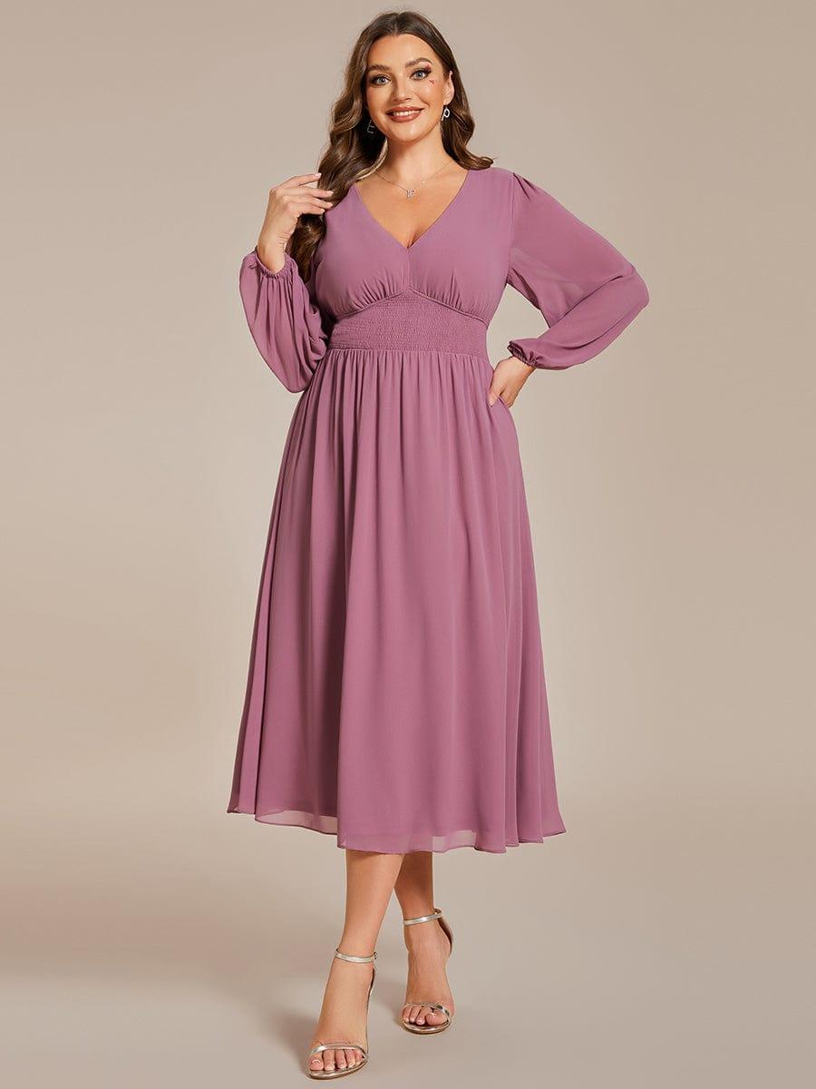 A-Line Plus Size Long Sleeves V-Neck Pleated Chiffon Wedding Guest Dress