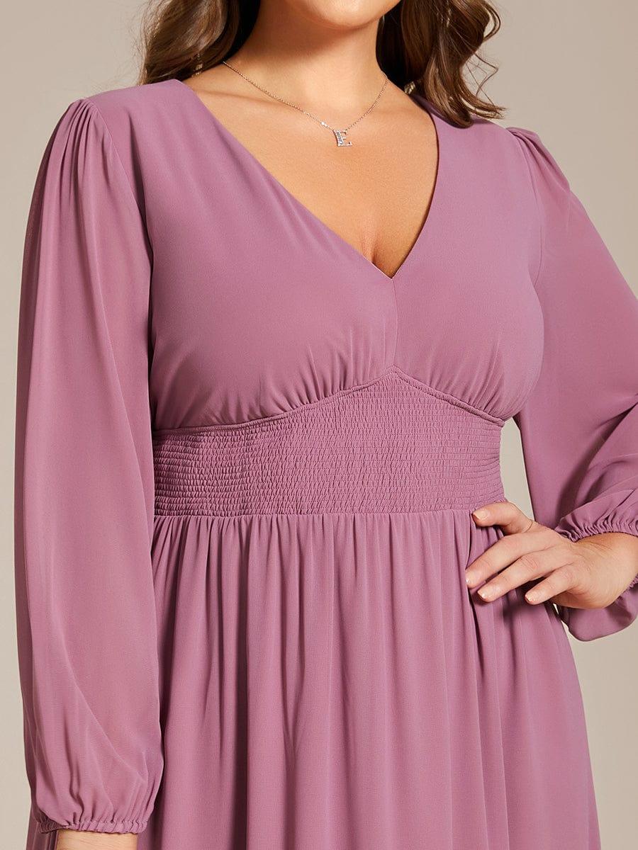 A-Line Plus Size Long Sleeves V-Neck Pleated Chiffon Wedding Guest Dress