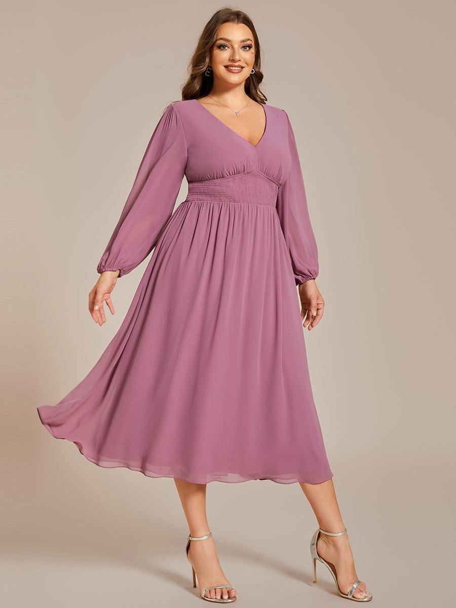 A-Line Plus Size Long Sleeves V-Neck Pleated Chiffon Wedding Guest Dress