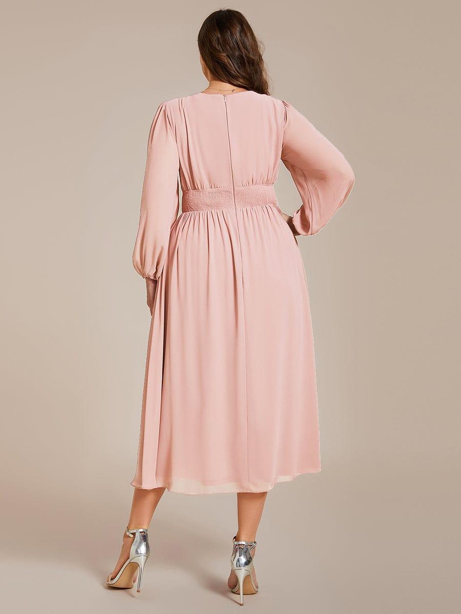 A-Line Plus Size Long Sleeves V-Neck Pleated Chiffon Wedding Guest Dress