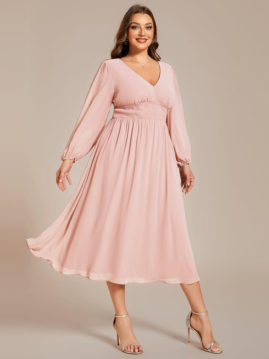 A-Line Plus Size Long Sleeves V-Neck Pleated Chiffon Wedding Guest Dress