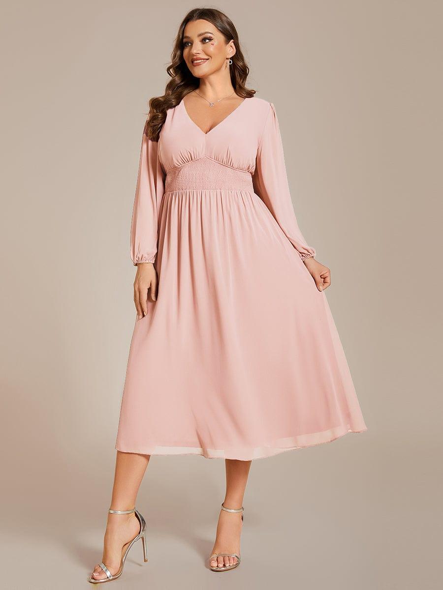 A-Line Plus Size Long Sleeves V-Neck Pleated Chiffon Wedding Guest Dress