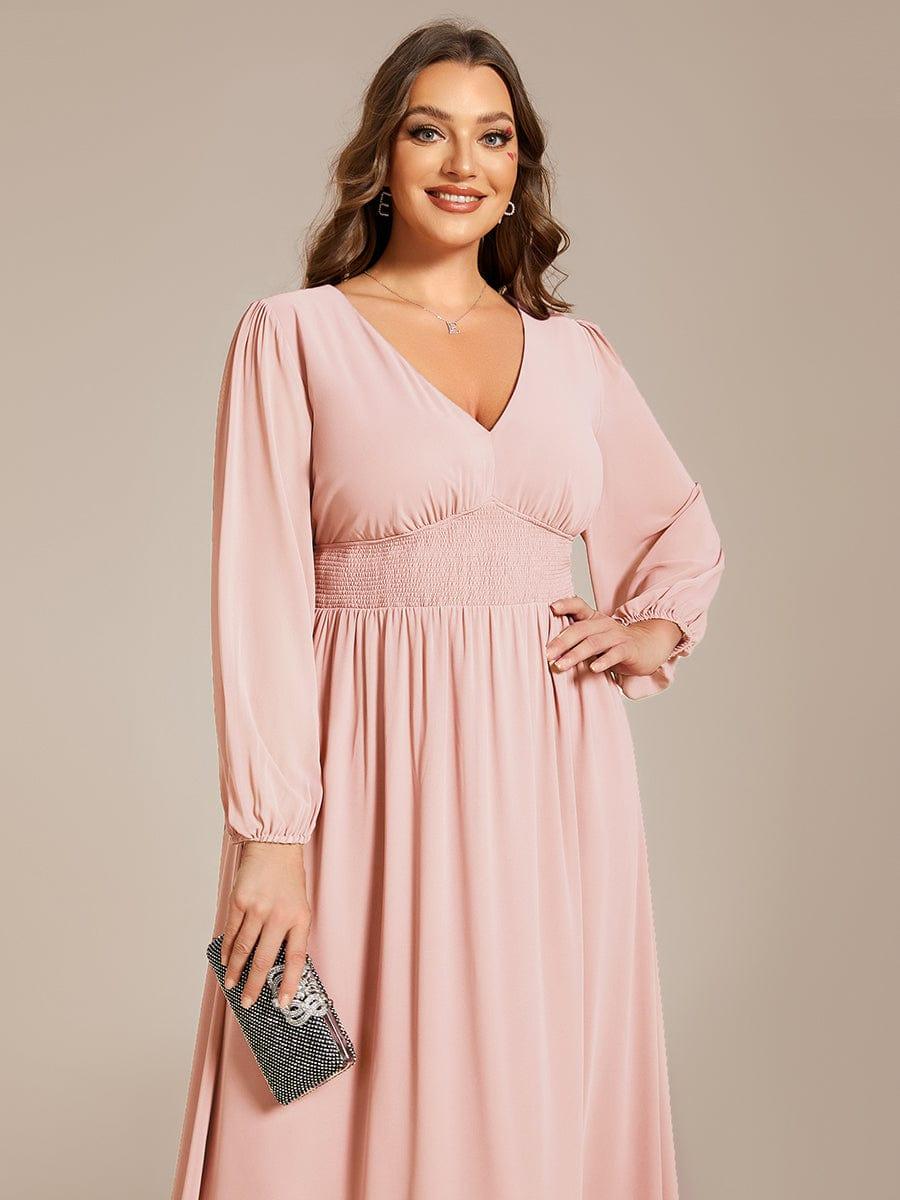A-Line Plus Size Long Sleeves V-Neck Pleated Chiffon Wedding Guest Dress