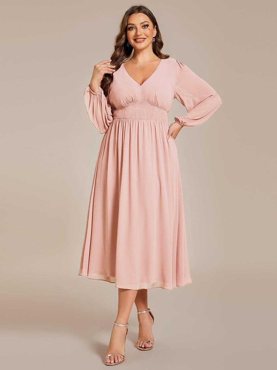 A-Line Plus Size Long Sleeves V-Neck Pleated Chiffon Wedding Guest Dress