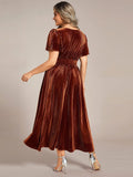 Plus Size A-line V-Neck Pleated Velvet Wedding Guest Dress with Short Sleeve