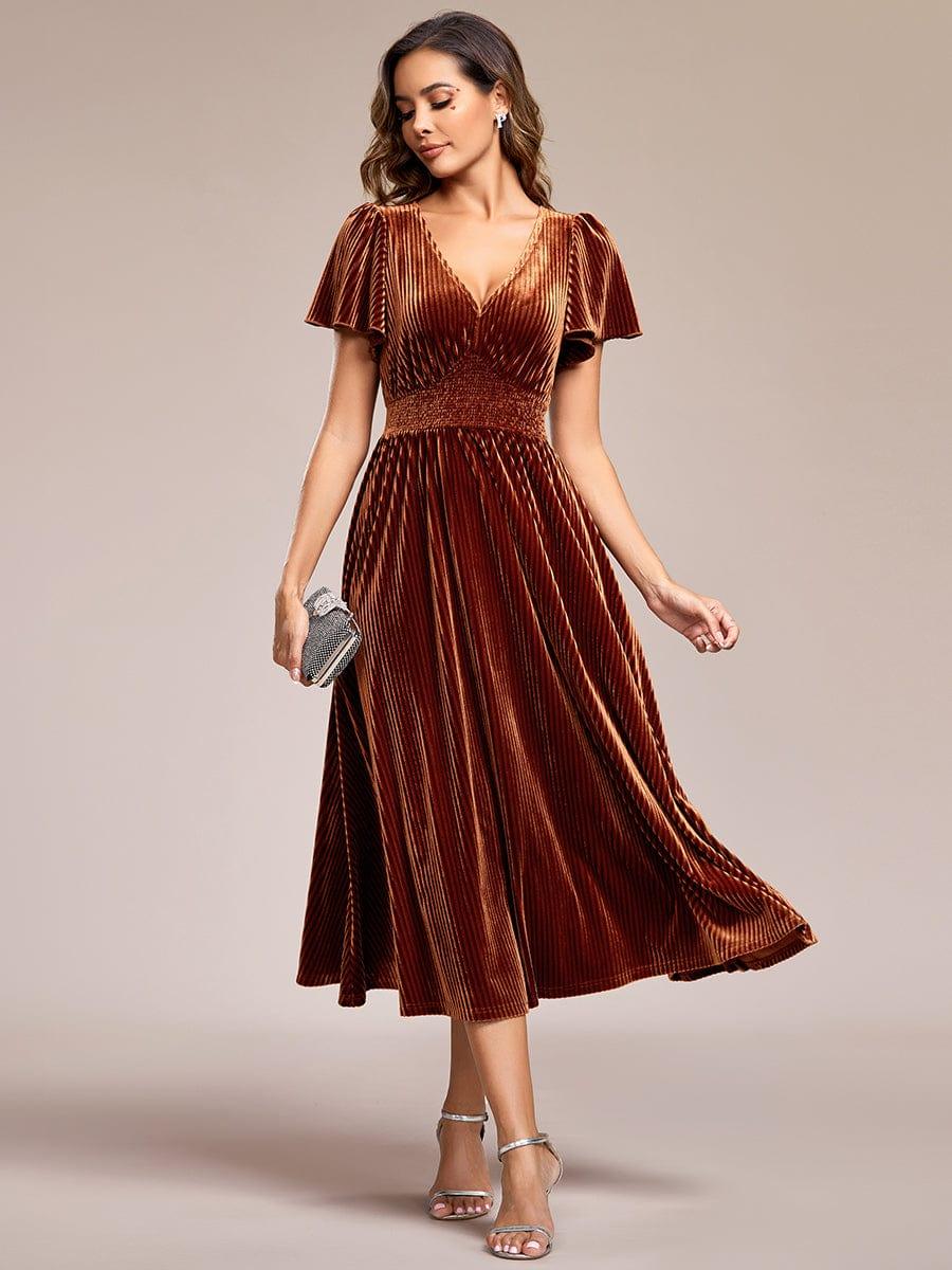 Graceful A-Line V-Neck Empire-Waist Velvet Wedding Guest Dress with Short Sleeves