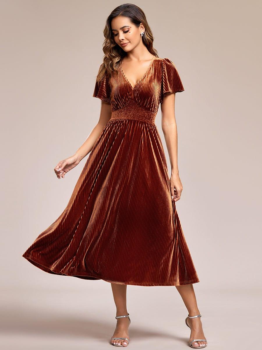 Graceful A-Line V-Neck Empire-Waist Velvet Wedding Guest Dress with Short Sleeves