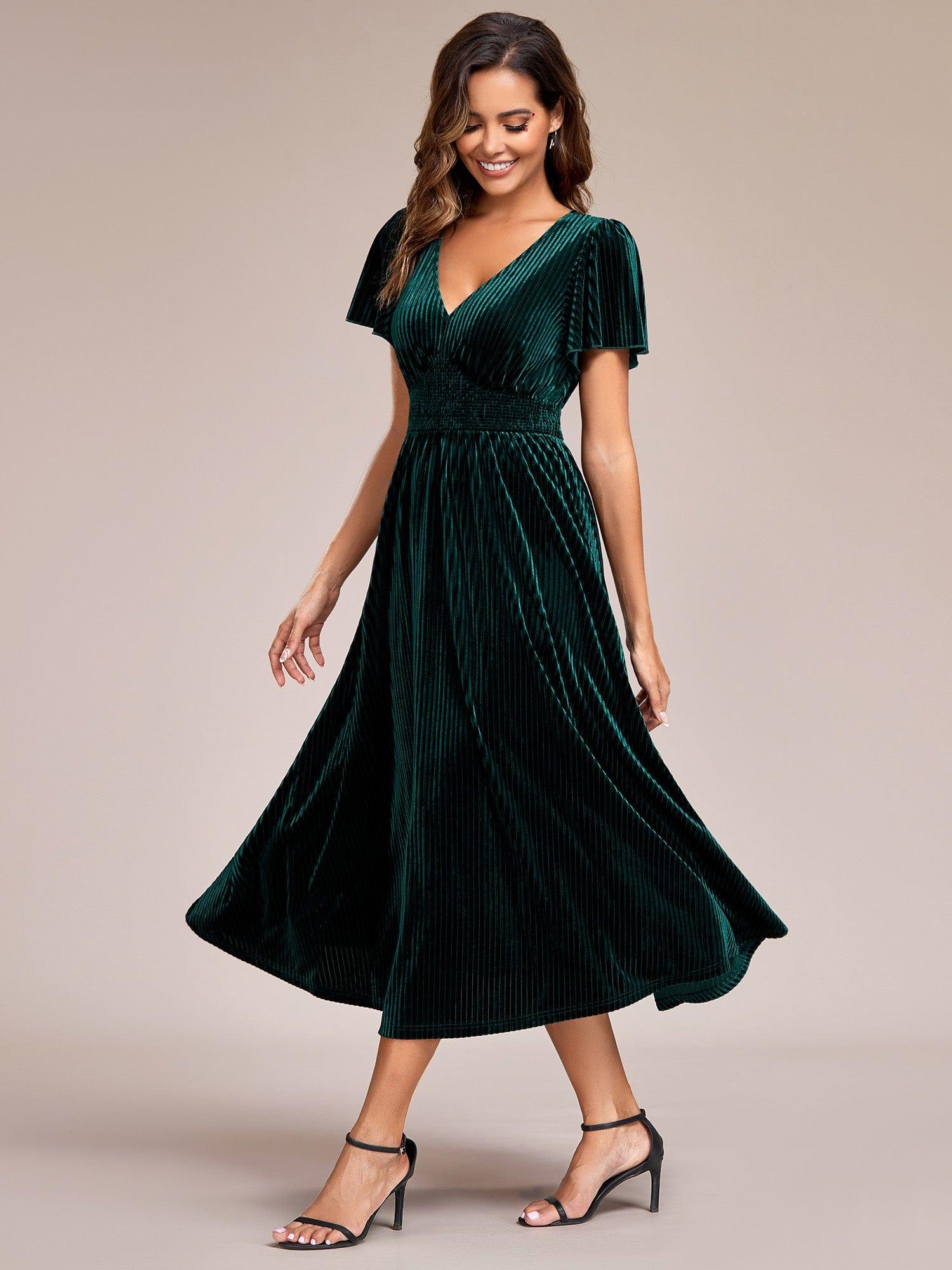 Graceful A-Line V-Neck Empire-Waist Velvet Wedding Guest Dress with Short Sleeves