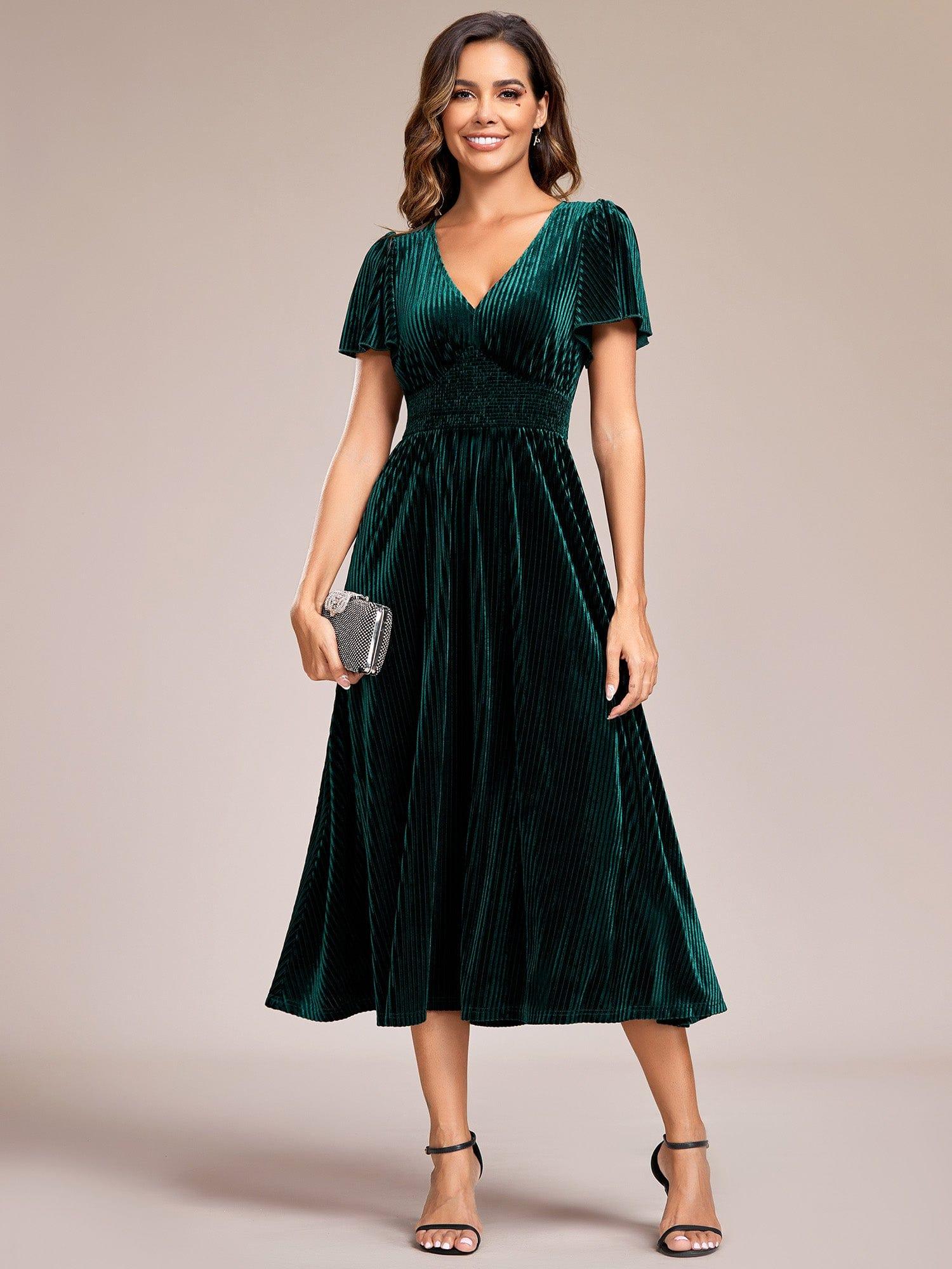 Graceful A-Line V-Neck Empire-Waist Velvet Wedding Guest Dress with Short Sleeves