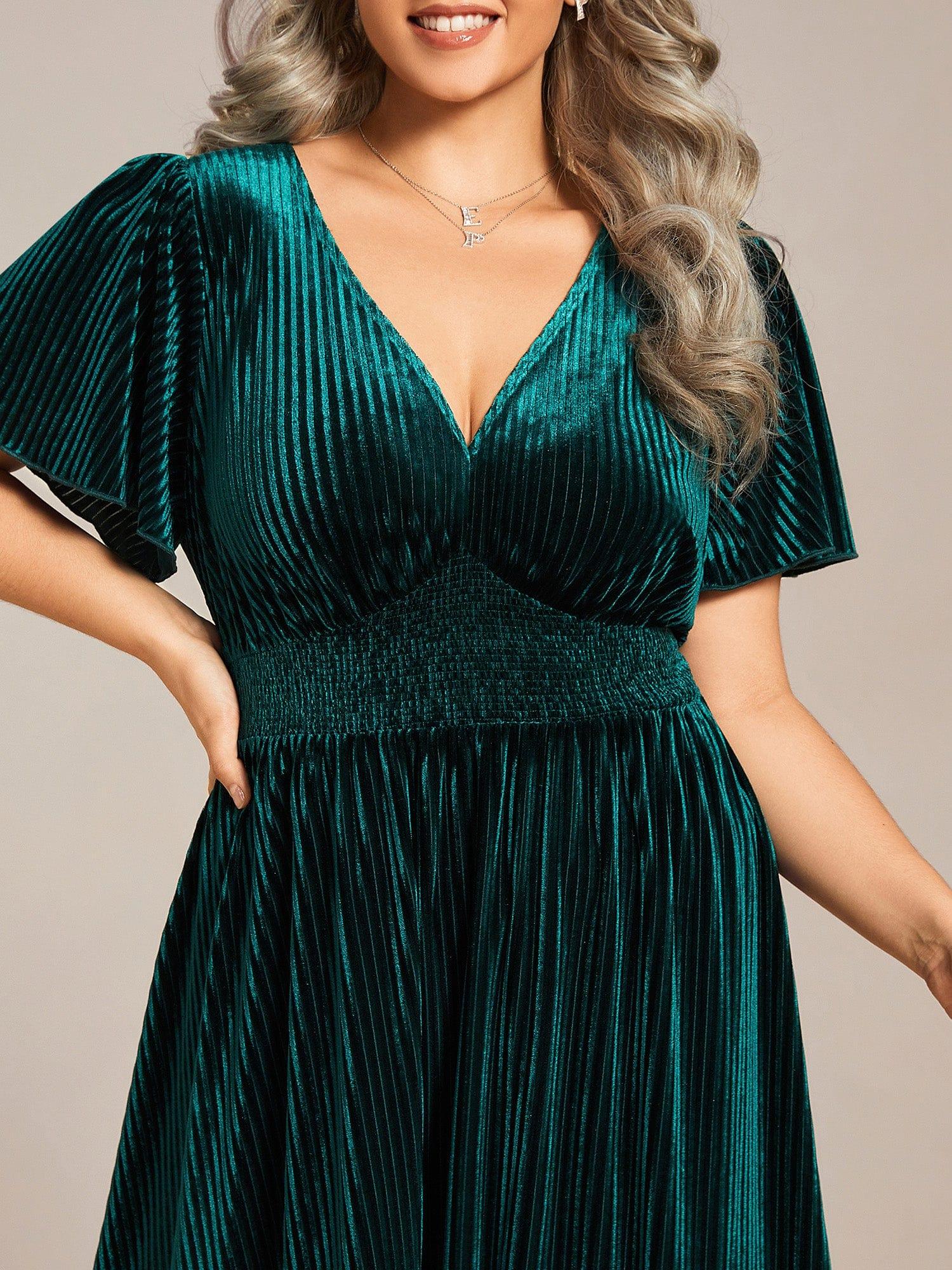 Graceful A-Line V-Neck Empire-Waist Velvet Wedding Guest Dress with Short Sleeves