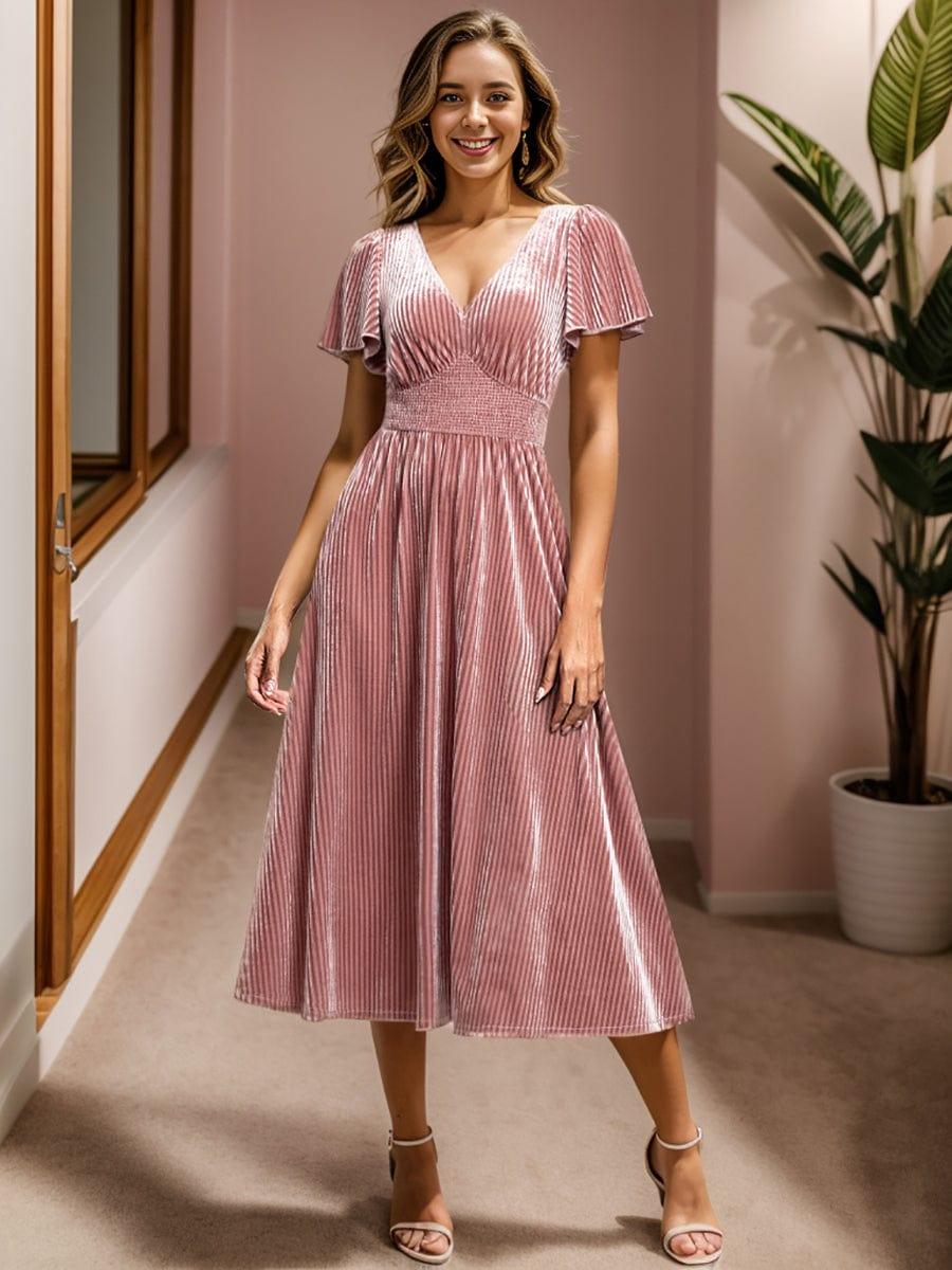 V-Neck A-Line Empire-Waist Short Sleeves Pleated Velvet Bridesmaid Dress
