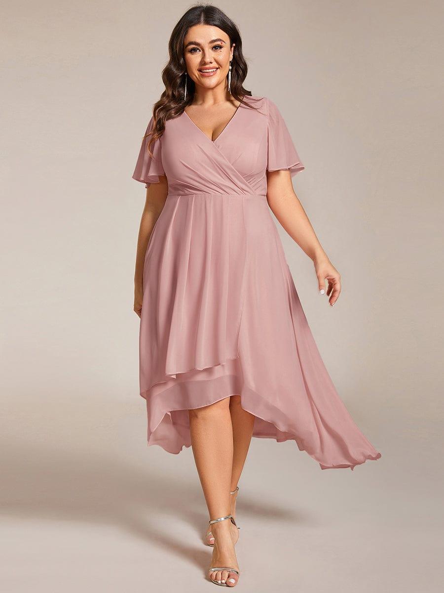 Ruffles V-Neck A-Line Chiffon Wedding Guest Dress with Short Sleeves