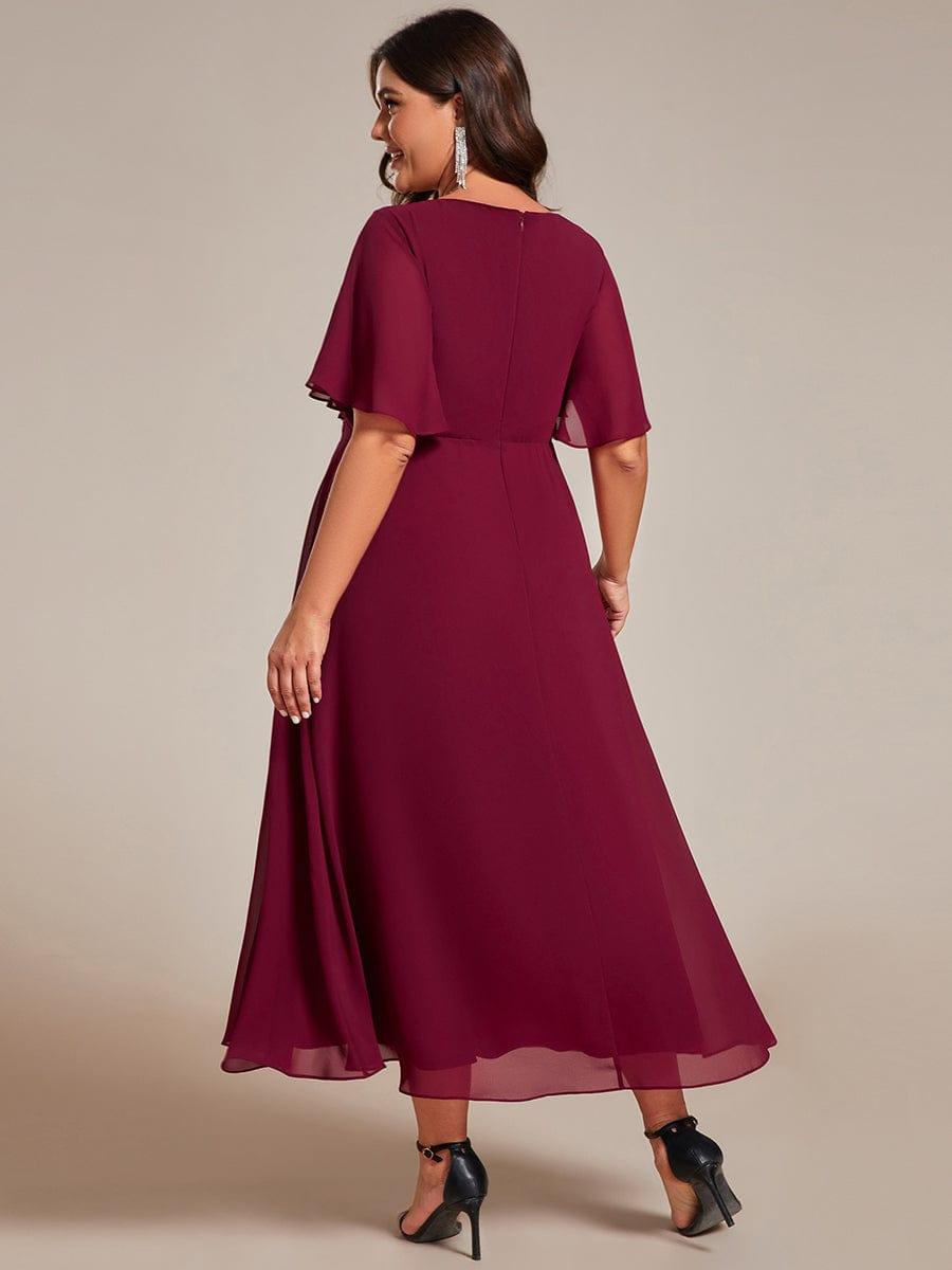 Floral A-Line Short Sleeves V-Neck Applique Empire-Waist Wedding Guest Dress