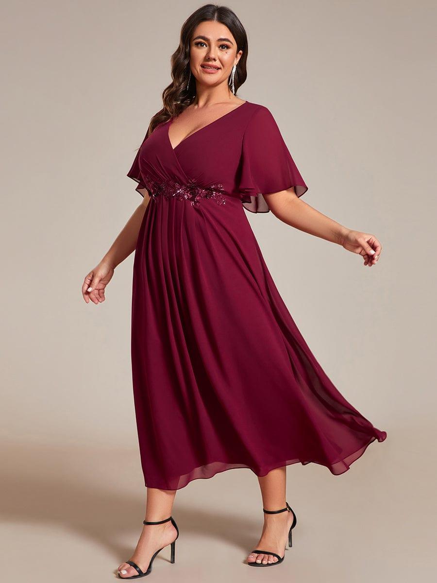 Floral A-Line Short Sleeves V-Neck Applique Empire-Waist Wedding Guest Dress