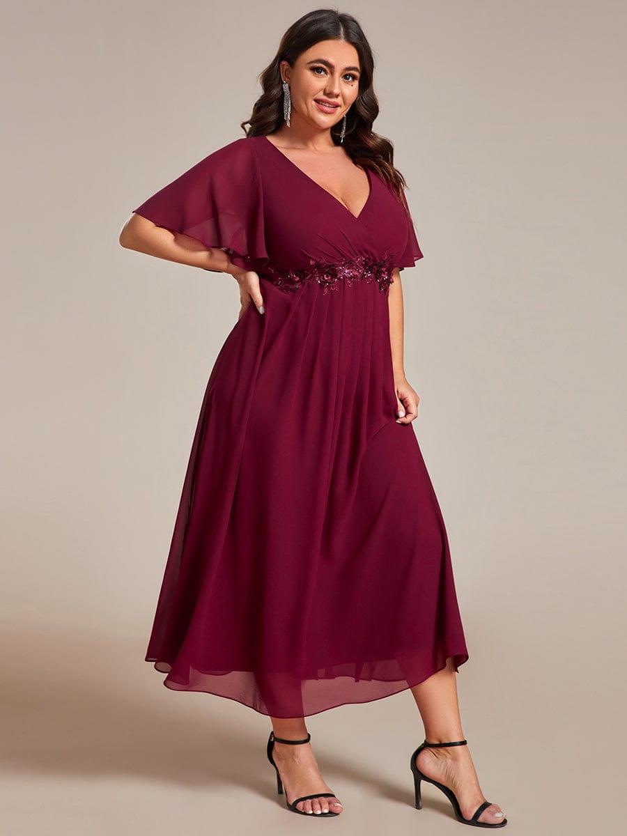 Floral A-Line Short Sleeves V-Neck Applique Empire-Waist Wedding Guest Dress