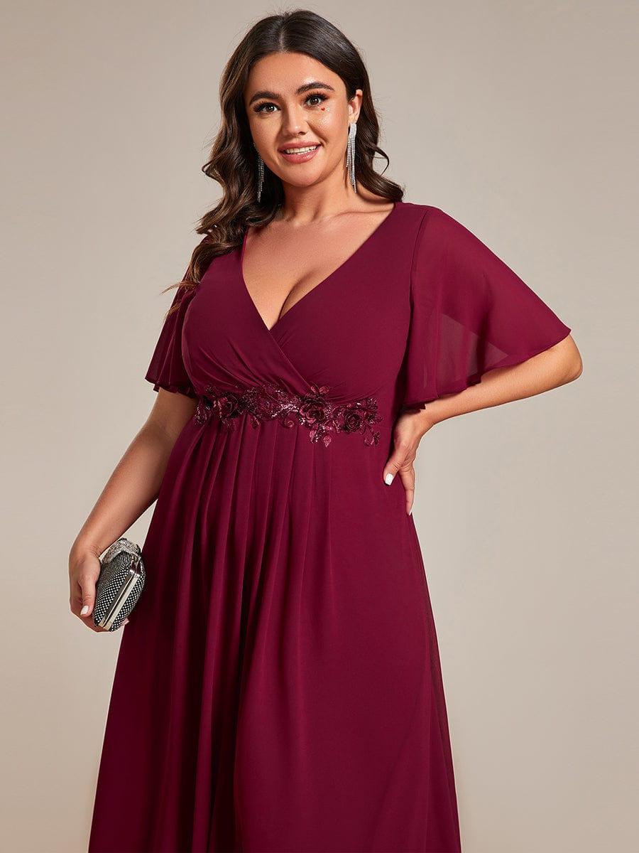 Floral A-Line Short Sleeves V-Neck Applique Empire-Waist Wedding Guest Dress