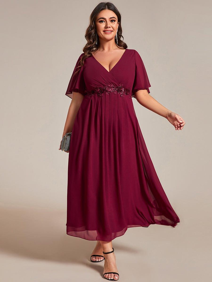 Floral A-Line Short Sleeves V-Neck Applique Empire-Waist Wedding Guest Dress